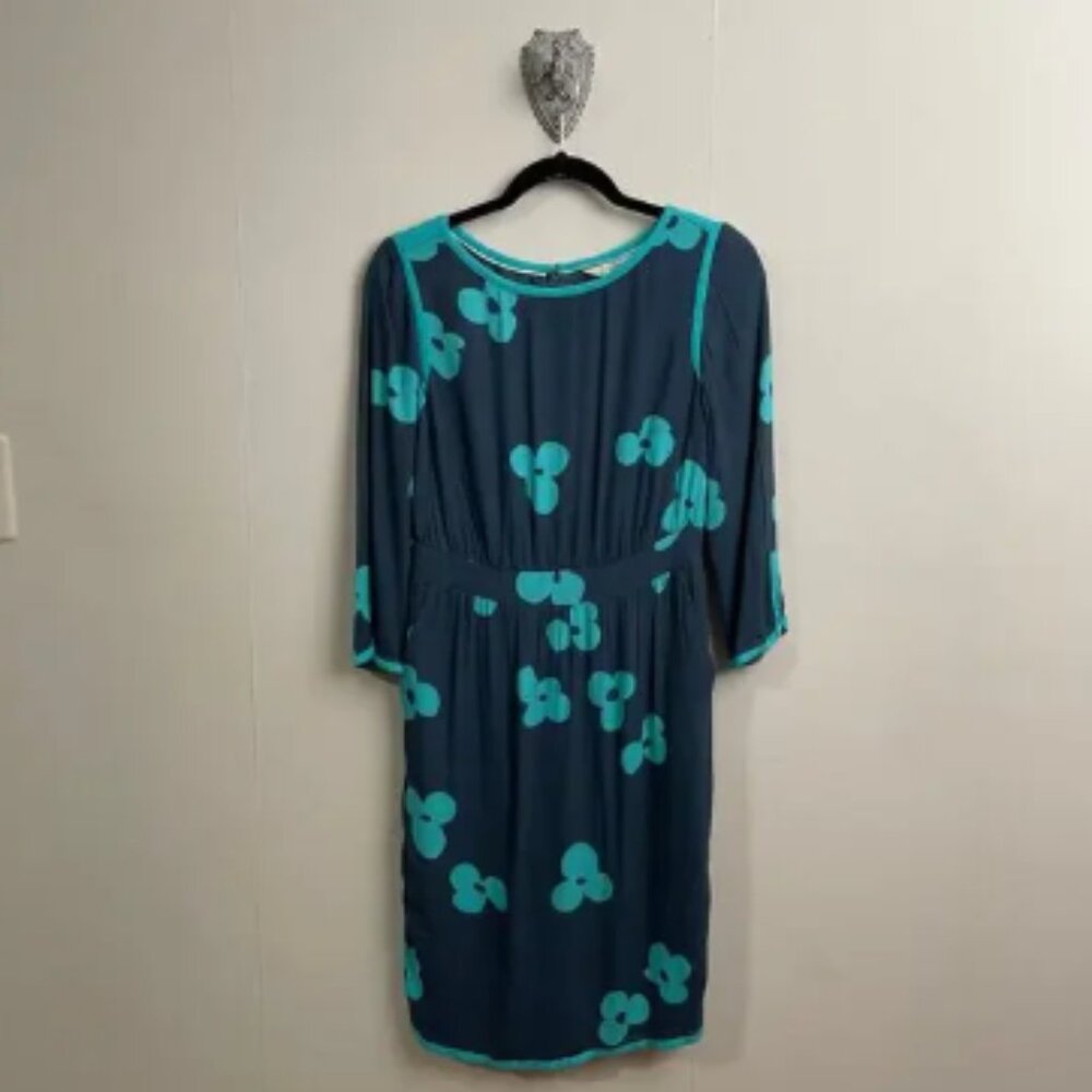 Boden 4R long sleeve bodycon dress green blue Barbie floral Corpcore 60s inspo